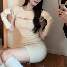 批发纯欲风甜辣针织<b class='q'>连衣裙</b>女秋冬装性感修身包臀短裙子别致毛衣打底裙