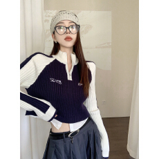 批发半高领针织毛衣女秋季撞色辣妹设计感拉链<b class='q'>修身</b>显瘦长袖打底衫上衣