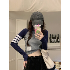 批发美式复古撞色插肩长袖t恤女秋季休闲<b class='q'>运动</b>短款上衣<b class='q'>修身</b>内搭打底衫