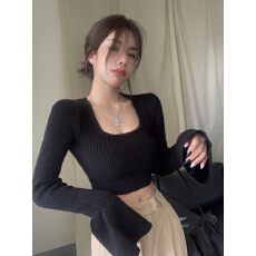 批发喇叭袖加厚白色毛衣女秋冬纯欲甜辣妹短款上衣方领针织<b class='q'>打底衫</b>内搭