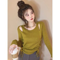 批发针织打底衫女<b class='q'>秋装</b>不规则毛衣抽绳小衫短款内搭长袖独特别致小上衣