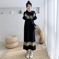 批发加厚保暖毛衣<b class='q'>长</b><b class='q'>裙</b>女秋冬慵懒宽松圆领<b class='q'>条纹</b>过膝显瘦打底针织连衣<b class='q'>裙</b>