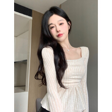 批发方领长袖t恤女<b class='q'>秋装</b>小个子纯欲修身收腰上衣内搭短款喇叭袖打底衫