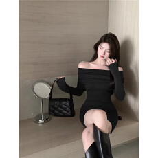 批发一字肩长袖针织连衣裙女装秋季<b class='q'>复古</b>气质红色裙子修身包臀打底短裙