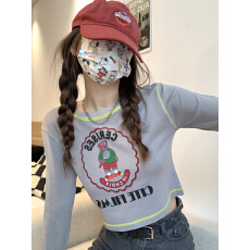 批发短款撞色长袖T恤女<b class='q'>夏</b>季2025新款设计感美式复古修身显瘦圆领上衣