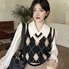 批发菱形格V领针织<b class='q'>马甲</b>女秋冬2025新款叠穿外搭毛衣坎肩背心上衣ins