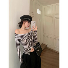 批发一字肩条纹长袖针织衫女秋季甜辣妹性感露肩<b class='q'>修身</b>短款开叉气质上衣