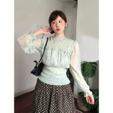 批发薄雾青纱法式长袖雪纺小衫女早秋浅绿色收腰显瘦薄款防晒上衣