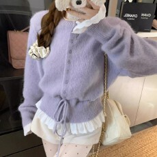 批发温柔<b class='q'>蕾丝</b>边抽绳圆领长袖针织开衫上衣女小个子短款毛衣外套秋冬季