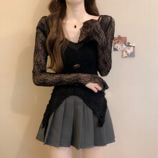 批发美拉德纯色防晒罩衫打底衫女秋装薄纱巨好看明媚薄款长袖掐腰上衣