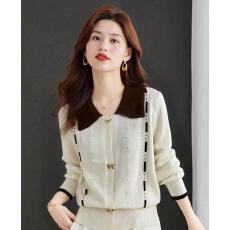 批发2025年秋冬新款<b class='q'>韩版</b>甜美减龄拼色娃娃领蝴蝶结纽扣长袖开衫上衣女