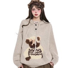 批发<b class='q'>甜美</b>可爱小熊提花连帽针织衫女春秋冬新款慵懒设计感休闲好看毛衣
