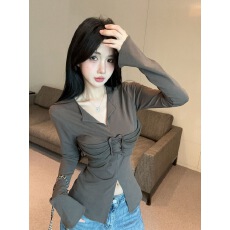 批发法式港味别致褶皱修身v领开叉长袖<b class='q'>t</b><b class='q'>恤</b><b class='q'>女</b>秋<b class='q'>欧美</b>纯欲喇叭袖打底上衣