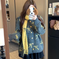 批发<b class='q'>甜美</b>蝴蝶结针织毛衣开衫外套女秋季2025新款减龄软糯宽松时尚上衣