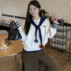 批发<b class='q'>甜美</b>少女感披肩系带套头毛衣女秋季2025新款减龄撞色宽松针织衫潮