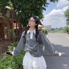 批发<b class='q'>甜美</b>蕾丝花边撞色polo领条纹长袖T恤2025单穿叠穿翻领卫衣