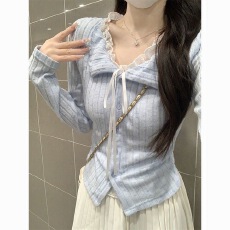 批发<b class='q'>甜美</b>风蓝色蕾丝系带长袖T恤女装秋季假两件别致显瘦上衣