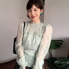 批发薄雾青纱法式长袖雪纺小衫女秋季浅绿色收腰显瘦薄款防晒上衣