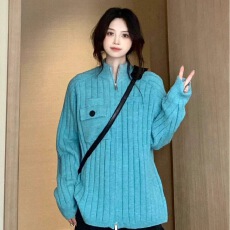 学院风复古蓝色毛衣开衫女春季宽松百搭立领坑条双拉链针织衫外套