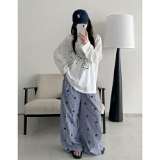 批发春夏上衣涂鸦印花ins慵懒风手绘防晒<b class='q'>罩衫</b>圆领涂鸦长袖T恤女