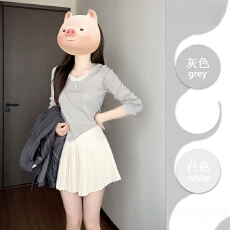 批发灰色假两件长袖<b class='q'>t</b><b class='q'>恤</b>女春秋新款小个子韩系慵懒独特漂亮针织衫上衣