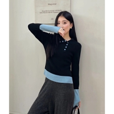 法式独特撞色纽扣长袖针织衫女秋冬内搭毛衣打底衫设计感小众上衣