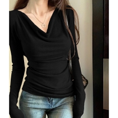 批发辣妹性感荡领一字肩长袖<b class='q'>T</b><b class='q'>恤</b>女装早秋收腰显瘦褶皱针织打底衫上衣