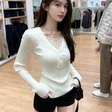 批发假两件蕾丝针织衫女内搭打底衫2025秋季毛衣修身V领长袖<b class='q'>t</b><b class='q'>恤</b>上衣潮