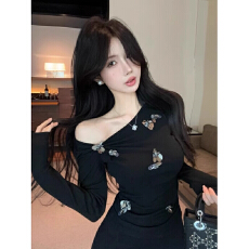 批发纯欲风辣妹斜肩型独特<b class='q'>t</b><b class='q'>恤</b>短袖女法式气质纯欲风女百搭斜领上衣潮