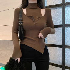 批发辣妹性感镂空上衣女秋冬新款不规则假两件磨毛加绒高领打底衫<b class='q'>t</b><b class='q'>恤</b>