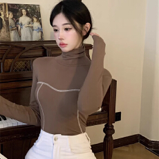 批发辣妹高领设计感薄绒百搭长袖<b class='q'>T</b><b class='q'>恤</b>女秋冬纯欲显瘦短款打底衫上衣ins