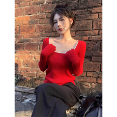批发复古修身方领针织衫上衣女秋冬季新款法式气质红色内搭长袖<b class='q'>t</b><b class='q'>恤</b>潮
