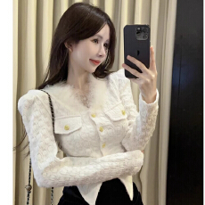 批发法式复古花纹<b class='q'>蕾丝</b>设计感秋冬款毛绒V领修身长袖正肩不规则<b class='q'>衬衫</b>女