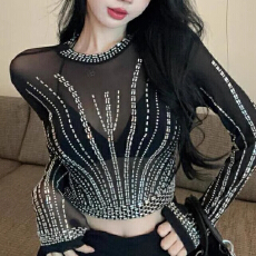 批发重工镶钻设计感长袖<b class='q'>T</b><b class='q'>恤</b>女夏外穿网纱薄款防晒衫性感纯欲微透上衣