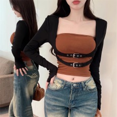 批发拽酷辣妹修身显瘦抹胸外搭时髦短款长袖<b class='q'>T</b><b class='q'>恤</b>秋季气质两件套上衣女