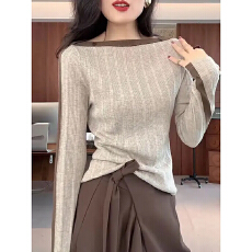 批发韩系撞色一字肩长袖<b class='q'>T</b><b class='q'>恤</b>女装秋季大码胖MM显瘦内搭打底衫减龄上衣