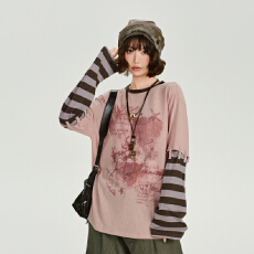 批发美式复古设计感假两件长袖<b class='q'>t</b><b class='q'>恤</b>女2025年秋季新款宽松休闲显瘦上衣