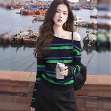 批发德绒独特超好看上衣韩系慵懒风松弛感小众不撞款斜肩条纹<b class='q'>T</b><b class='q'>恤</b>