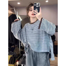 批发撞色条纹圆领宽松慵懒风松弛感长袖<b class='q'>T</b><b class='q'>恤</b>女2025新款早秋氛围感上衣