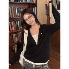 批发撞色假两件半开领长袖<b class='q'>T</b><b class='q'>恤</b>女2025年新款秋冬季慵懒风休闲显瘦上衣