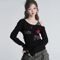 批发原版做工设计感不规则假两件长袖<b class='q'>T</b><b class='q'>恤</b>女秋款辣妹斜领露肩打底