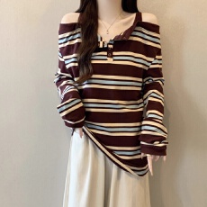批发原版做工半开领条纹长袖<b class='q'>t</b><b class='q'>恤</b>女2025无设计感露肩上衣超火打底