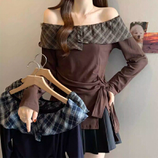 批发40支酷丝爽棉不规则长袖<b class='q'>T</b><b class='q'>恤</b>女2025秋显瘦短款一字领露肩上衣