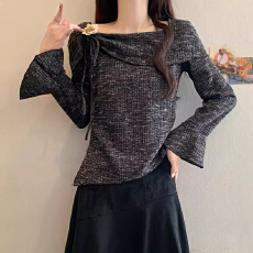 批发雪花竹节条美拉德一字肩长袖<b class='q'>t</b><b class='q'>恤</b>女2025秋季款不规则打底衫女