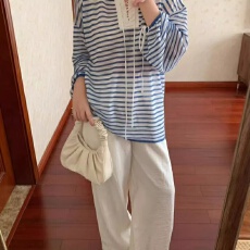 批发天丝罗纹2025秋季新款度假法式条纹休闲防晒透气长袖<b class='q'>T</b><b class='q'>恤</b>上衣