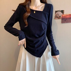 批发1*1罗纹舒绒不规则斜领正肩长袖<b class='q'>t</b><b class='q'>恤</b>遮肉显瘦褶皱收腰短款上衣