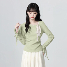 批发40支酷丝爽棉螺纹法式斜领长袖<b class='q'>T</b><b class='q'>恤</b>女2025秋蝴蝶结喇叭袖上衣