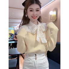 批发法式蕾丝蝴蝶结系带长袖上衣女秋冬季2025新款温柔风时尚百搭上衣