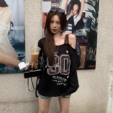 批发原版做工美式斜露肩长袖<b class='q'>t</b><b class='q'>恤</b>秋宽松显瘦辣妹豹纹印花吊带上衣