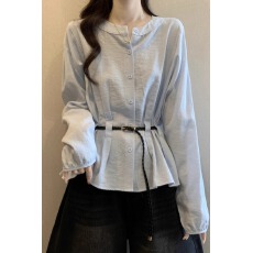 批发云朵棉蓝色长袖防晒衬衫女秋季款显瘦设计感系带收腰遮肚上衣